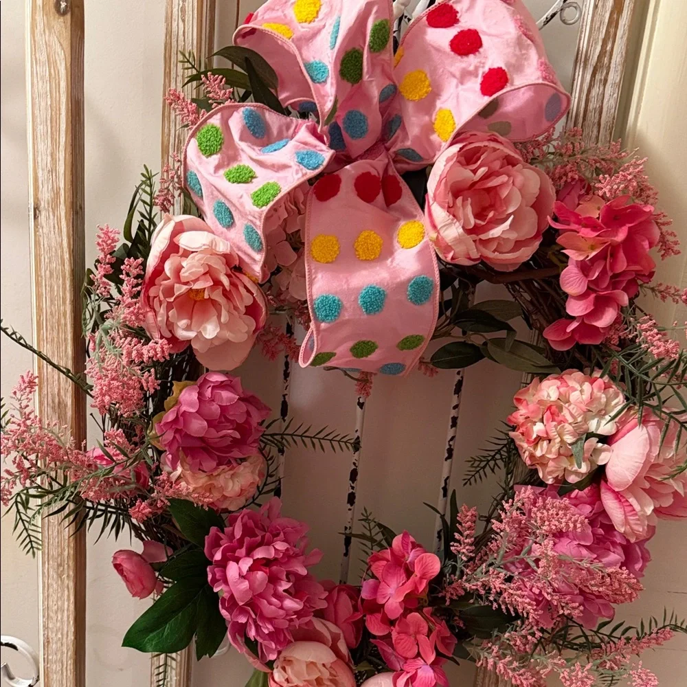 Floral Wreath with Polka Dot 4 in Silk Bow💕